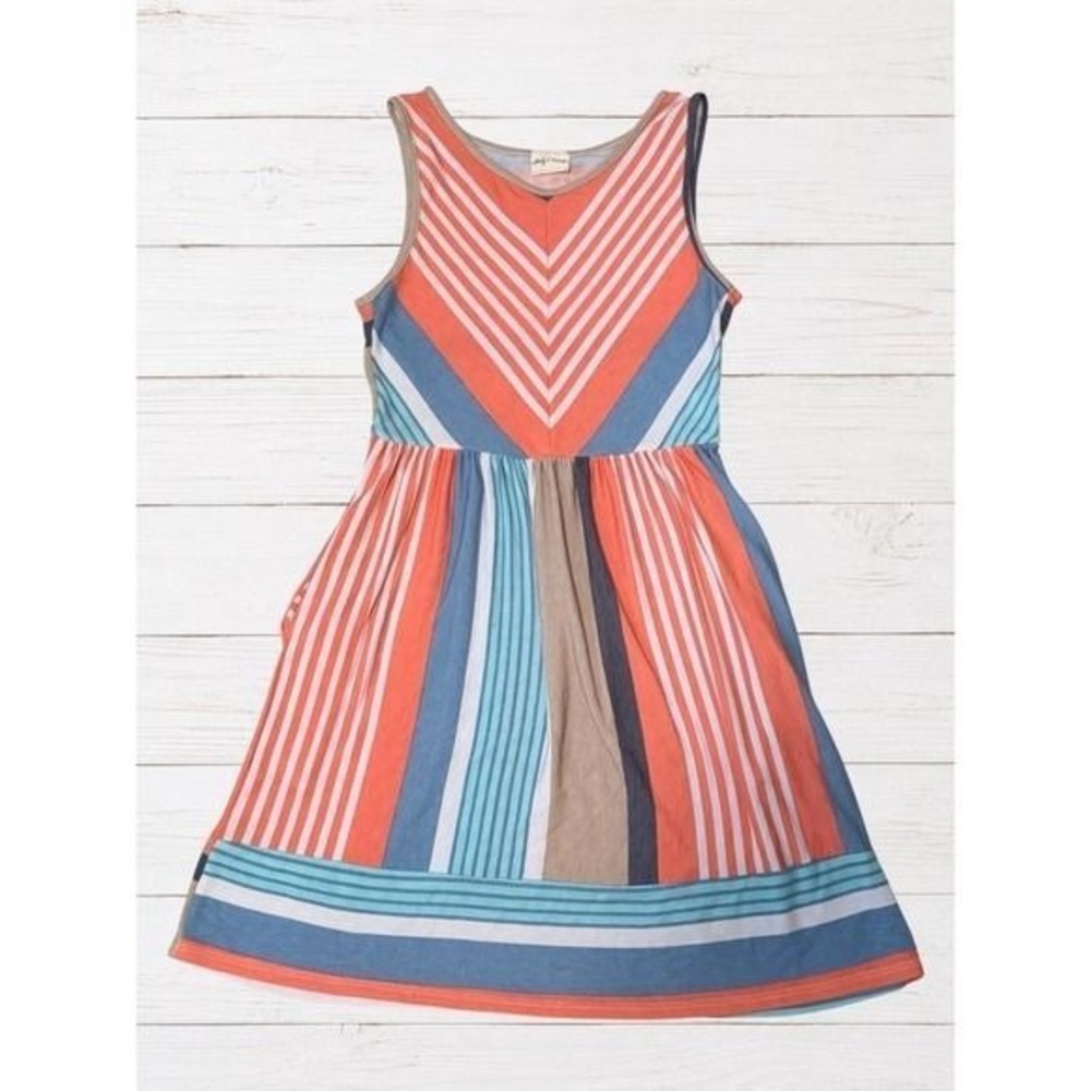 Striped Fit & Flare Sleeveless Dress‎ Medium Coral Blue Boho Lovely Melody